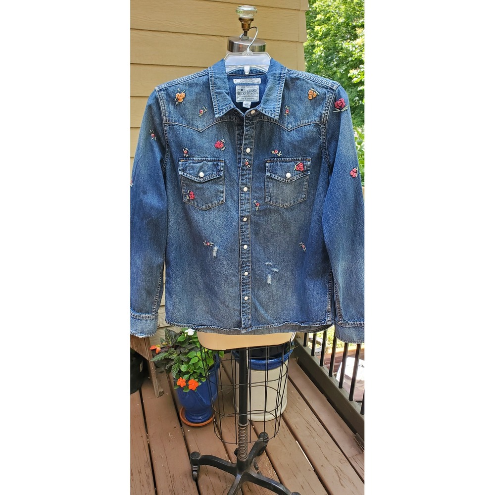 Lucky Brand Womens Medium Indigo Embroidered Floral Denim Western Snap Shirt M